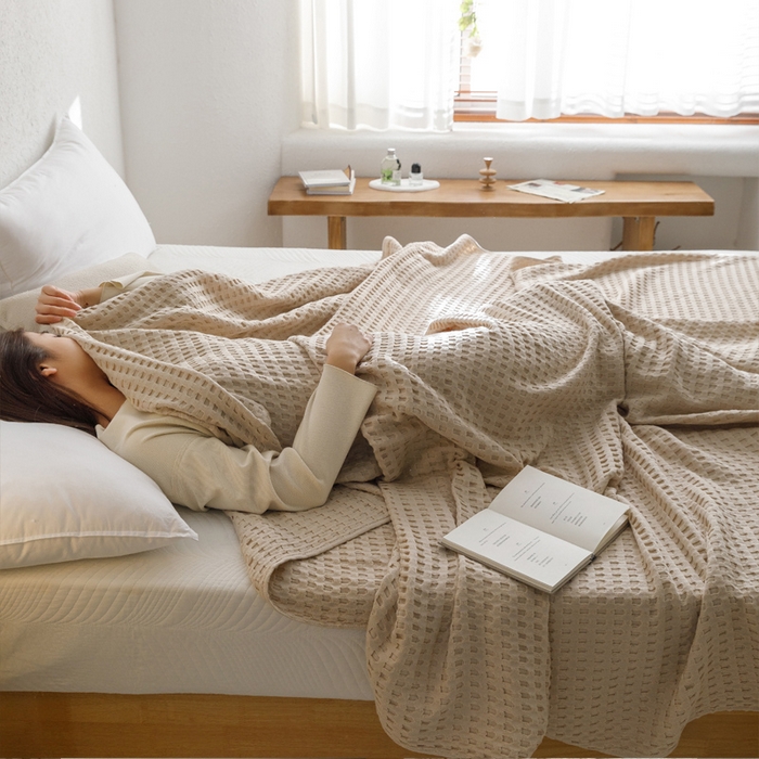 91家纺网 家纺一手货源 找家纺 朴尔家纺-毛巾被 2026春夏新款柔软风纯色华夫格全棉纯棉纱布毛巾被系列夏被夏凉被空调被 华夫格-驼