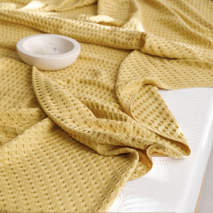 91家纺网 家纺一手货源 找家纺 朴尔家纺-毛巾被 2026春夏新款柔软风纯色华夫格全棉纯棉纱布毛巾被系列夏被夏凉被空调被 华夫格-黄