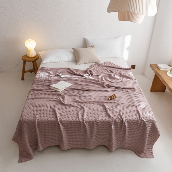 91家纺网 家纺一手货源 找家纺 朴尔家纺-毛巾被 2026春夏新款柔软风纯色华夫格全棉纯棉纱布毛巾被系列夏被夏凉被空调被 华夫格-粉