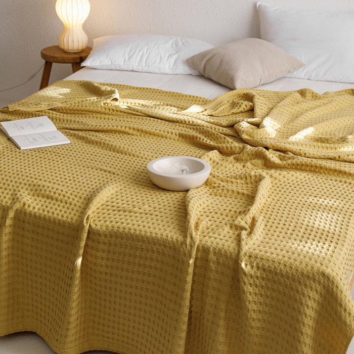 91家纺网 家纺一手货源 找家纺 朴尔家纺-毛巾被 2026春夏新款柔软风纯色华夫格全棉纯棉纱布毛巾被系列夏被夏凉被空调被 华夫格-黄