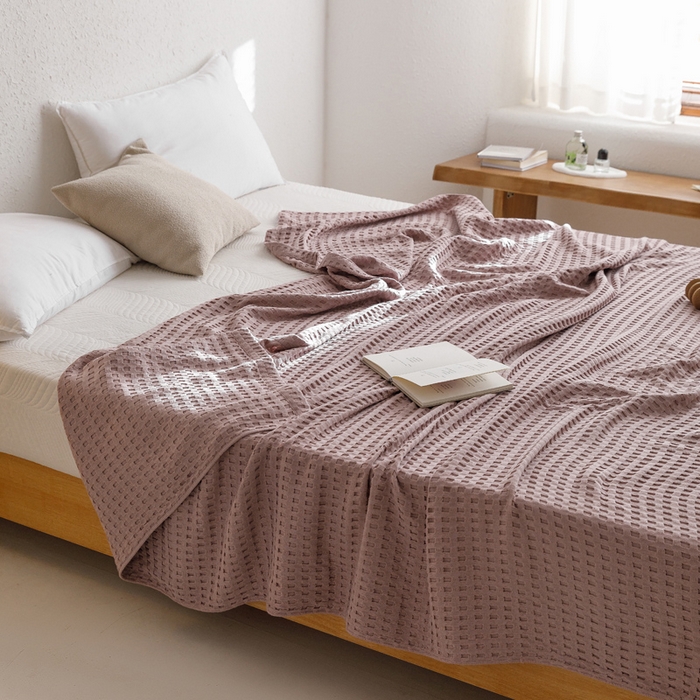 91家纺网 家纺一手货源 找家纺 朴尔家纺-毛巾被 2026春夏新款柔软风纯色华夫格全棉纯棉纱布毛巾被系列夏被夏凉被空调被 华夫格-粉