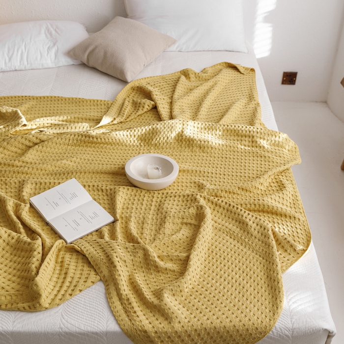 91家纺网 家纺一手货源 找家纺 朴尔家纺-毛巾被 2026春夏新款柔软风纯色华夫格全棉纯棉纱布毛巾被系列夏被夏凉被空调被 华夫格-黄