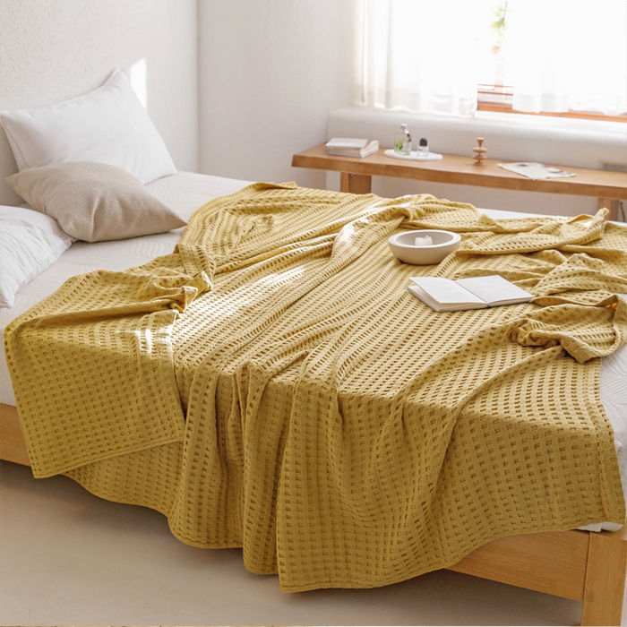 91家纺网 家纺一手货源 找家纺 朴尔家纺-毛巾被 2026春夏新款柔软风纯色华夫格全棉纯棉纱布毛巾被系列夏被夏凉被空调被 华夫格-黄