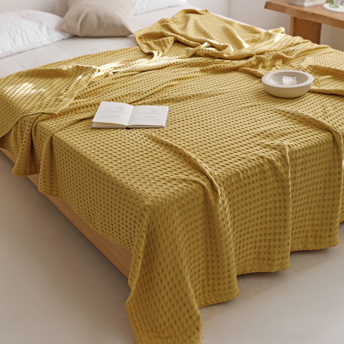 91家纺网 家纺一手货源 找家纺 朴尔家纺-毛巾被 2026春夏新款柔软风纯色华夫格全棉纯棉纱布毛巾被系列夏被夏凉被空调被 华夫格-黄