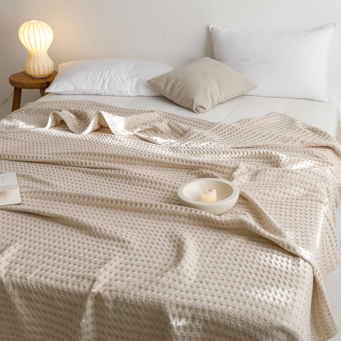 91家纺网 家纺一手货源 找家纺 朴尔家纺-毛巾被 2026春夏新款柔软风纯色华夫格全棉纯棉纱布毛巾被系列夏被夏凉被空调被 华夫格-驼