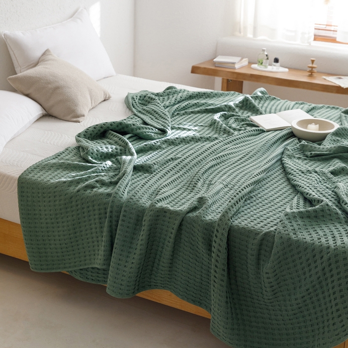 91家纺网 家纺一手货源 找家纺 朴尔家纺-毛巾被 2026春夏新款柔软风纯色华夫格全棉纯棉纱布毛巾被系列夏被夏凉被空调被 华夫格-绿
