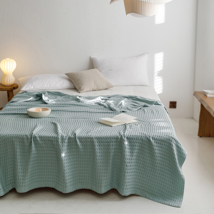 91家纺网 家纺一手货源 找家纺 朴尔家纺-毛巾被 2026春夏新款柔软风纯色华夫格全棉纯棉纱布毛巾被系列夏被夏凉被空调被 华夫格-蓝