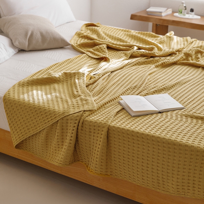 91家纺网 家纺一手货源 找家纺 朴尔家纺-毛巾被 2026春夏新款柔软风纯色华夫格全棉纯棉纱布毛巾被系列夏被夏凉被空调被 华夫格-黄