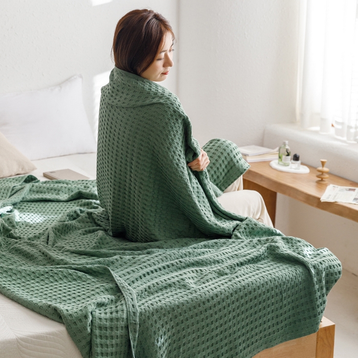 91家纺网 家纺一手货源 找家纺 朴尔家纺-毛巾被 2026春夏新款柔软风纯色华夫格全棉纯棉纱布毛巾被系列夏被夏凉被空调被 华夫格-绿