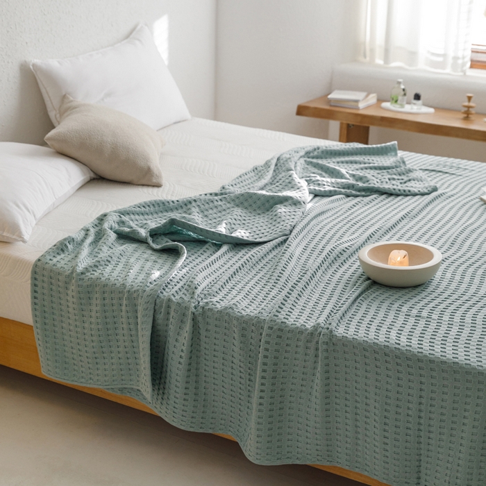 91家纺网 家纺一手货源 找家纺 朴尔家纺-毛巾被 2026春夏新款柔软风纯色华夫格全棉纯棉纱布毛巾被系列夏被夏凉被空调被 华夫格-蓝