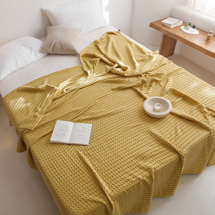 91家纺网 家纺一手货源 找家纺 朴尔家纺-毛巾被 2026春夏新款柔软风纯色华夫格全棉纯棉纱布毛巾被系列夏被夏凉被空调被 华夫格-黄
