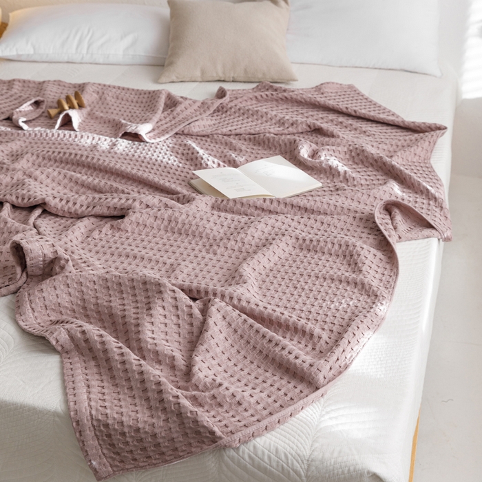 91家纺网 家纺一手货源 找家纺 朴尔家纺-毛巾被 2026春夏新款柔软风纯色华夫格全棉纯棉纱布毛巾被系列夏被夏凉被空调被 华夫格-粉