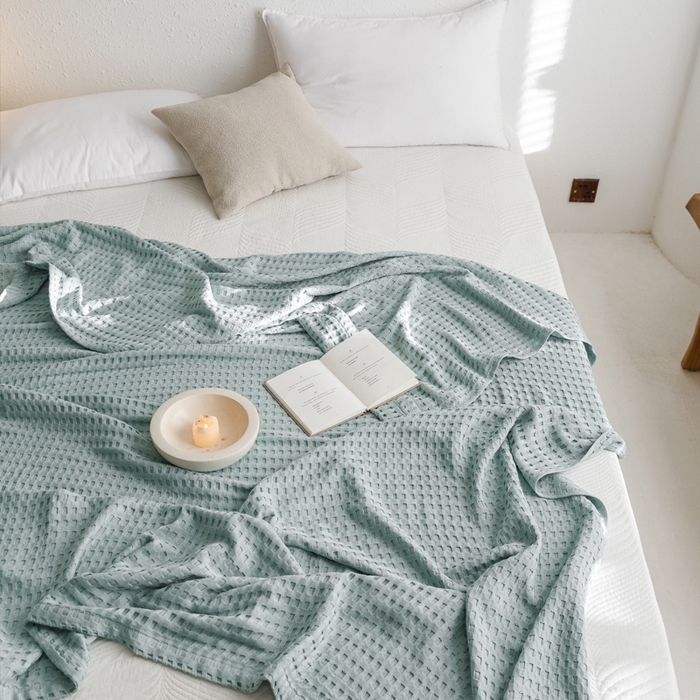 91家纺网 家纺一手货源 找家纺 朴尔家纺-毛巾被 2026春夏新款柔软风纯色华夫格全棉纯棉纱布毛巾被系列夏被夏凉被空调被 华夫格-蓝