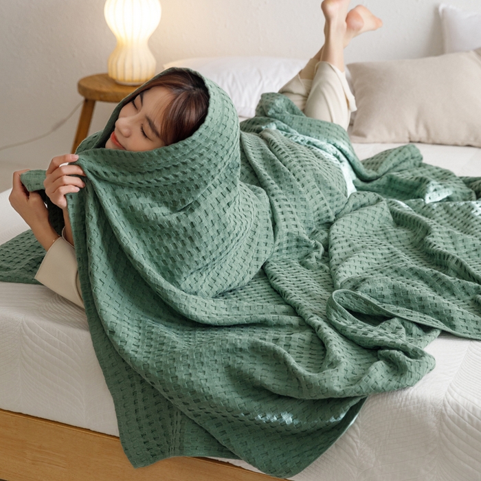 91家纺网 家纺一手货源 找家纺 朴尔家纺-毛巾被 2026春夏新款柔软风纯色华夫格全棉纯棉纱布毛巾被系列夏被夏凉被空调被 华夫格-绿