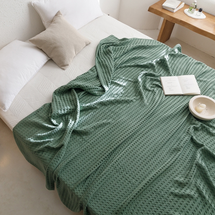 91家纺网 家纺一手货源 找家纺 朴尔家纺-毛巾被 2026春夏新款柔软风纯色华夫格全棉纯棉纱布毛巾被系列夏被夏凉被空调被 华夫格-绿