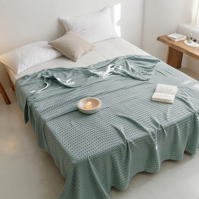 91家纺网 家纺一手货源 找家纺 朴尔家纺-毛巾被 2026春夏新款柔软风纯色华夫格全棉纯棉纱布毛巾被系列夏被夏凉被空调被 华夫格-蓝