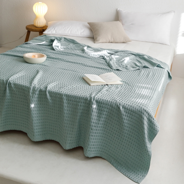 91家纺网 家纺一手货源 找家纺 朴尔家纺-毛巾被 2026春夏新款柔软风纯色华夫格全棉纯棉纱布毛巾被系列夏被夏凉被空调被 华夫格-蓝