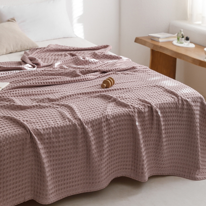 91家纺网 家纺一手货源 找家纺 朴尔家纺-毛巾被 2026春夏新款柔软风纯色华夫格全棉纯棉纱布毛巾被系列夏被夏凉被空调被 华夫格-粉