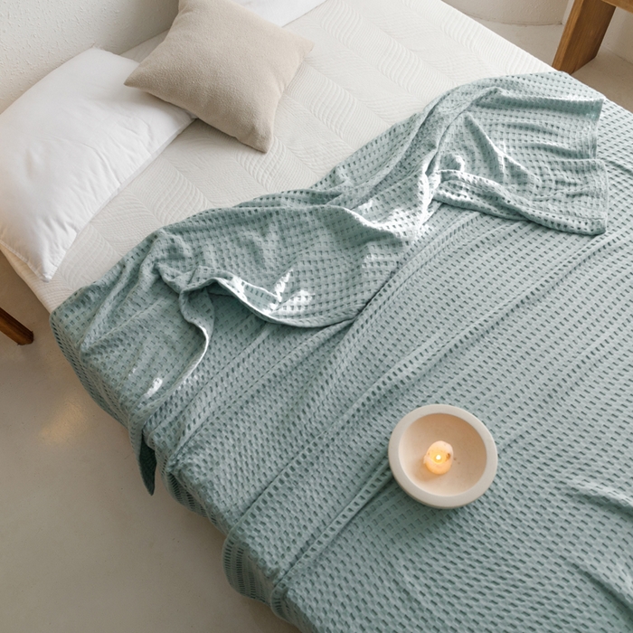 91家纺网 家纺一手货源 找家纺 朴尔家纺-毛巾被 2026春夏新款柔软风纯色华夫格全棉纯棉纱布毛巾被系列夏被夏凉被空调被 华夫格-蓝