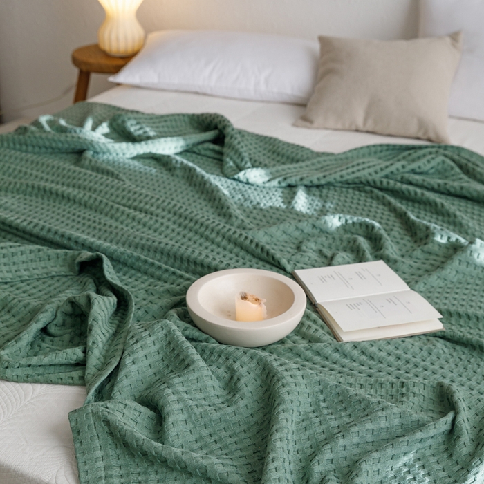 91家纺网 家纺一手货源 找家纺 朴尔家纺-毛巾被 2026春夏新款柔软风纯色华夫格全棉纯棉纱布毛巾被系列夏被夏凉被空调被 华夫格-绿