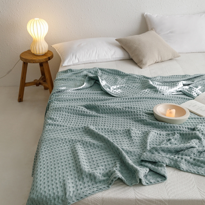 91家纺网 家纺一手货源 找家纺 朴尔家纺-毛巾被 2026春夏新款柔软风纯色华夫格全棉纯棉纱布毛巾被系列夏被夏凉被空调被 华夫格-蓝