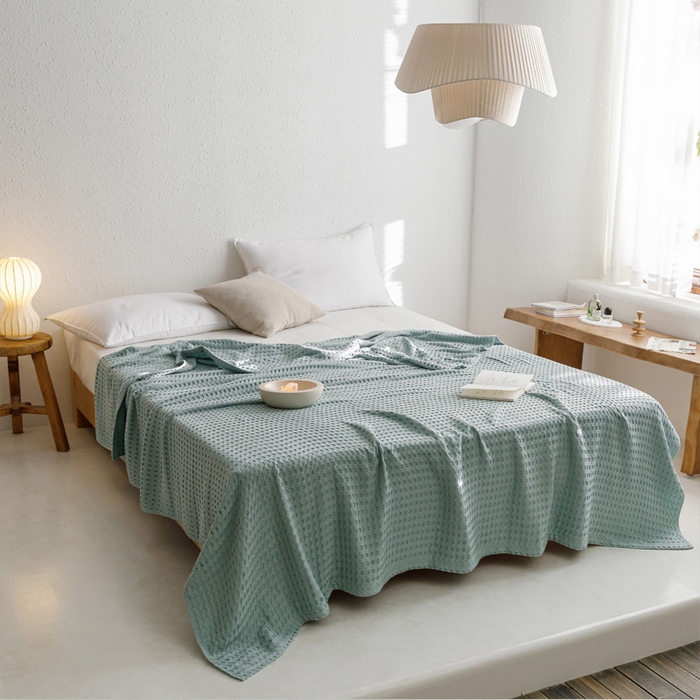 91家纺网 家纺一手货源 找家纺 朴尔家纺-毛巾被 2026春夏新款柔软风纯色华夫格全棉纯棉纱布毛巾被系列夏被夏凉被空调被 华夫格-蓝