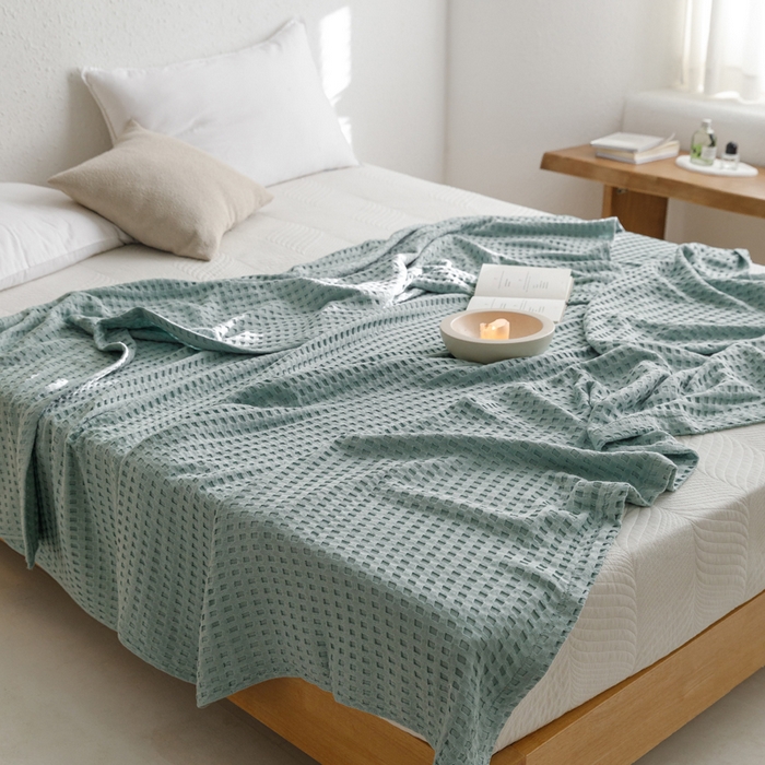 91家纺网 家纺一手货源 找家纺 朴尔家纺-毛巾被 2026春夏新款柔软风纯色华夫格全棉纯棉纱布毛巾被系列夏被夏凉被空调被 华夫格-蓝