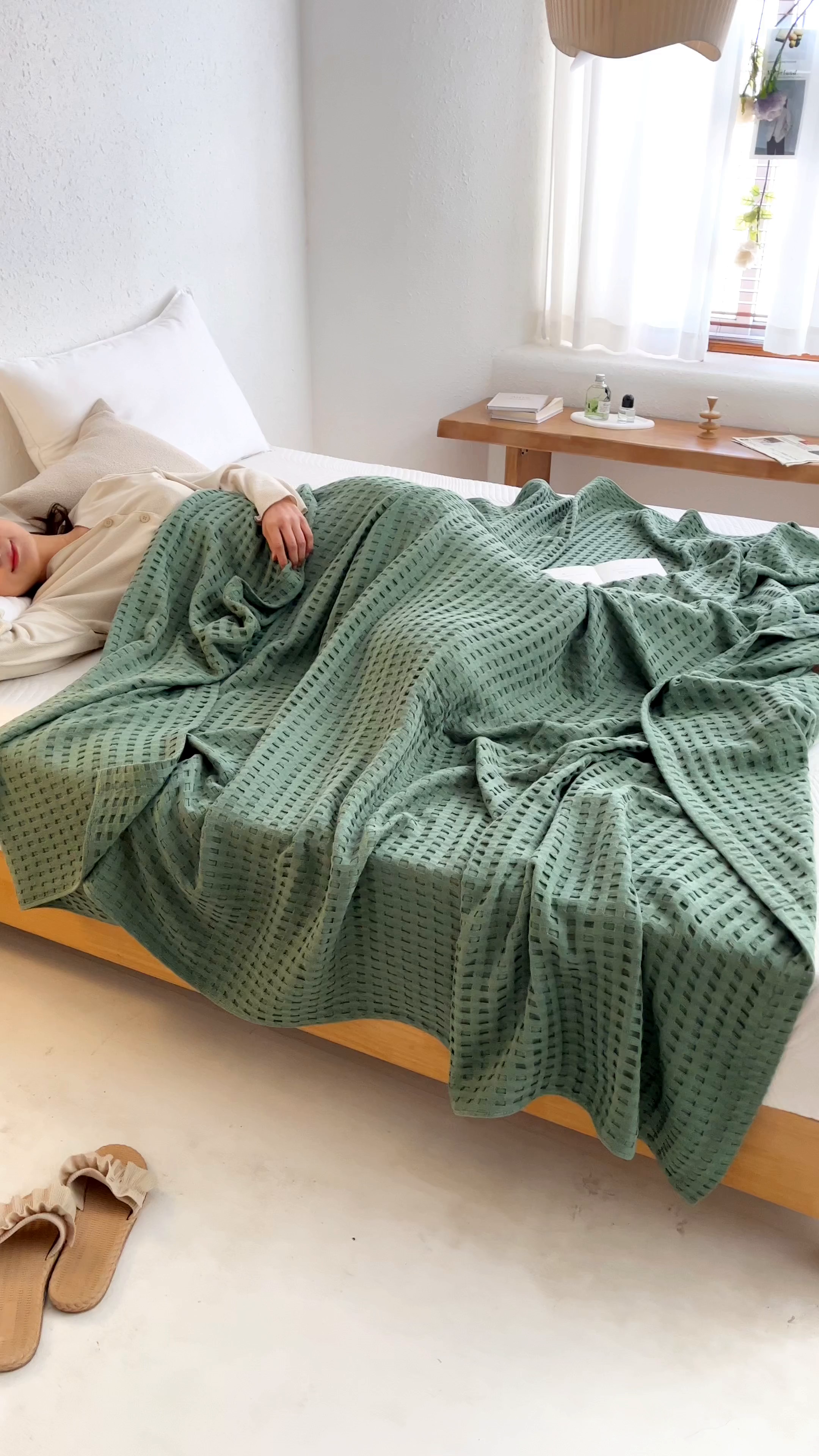 91家纺网 家纺一手货源 找家纺 朴尔家纺-毛巾被 2026春夏新款柔软风纯色华夫格全棉纯棉纱布毛巾被系列夏被夏凉被空调被 华夫格-绿