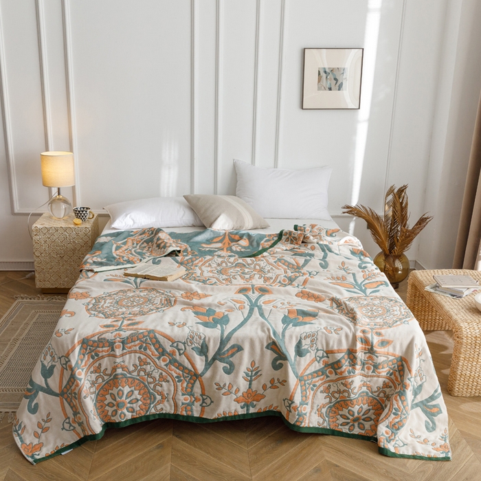 91家纺网 家纺一手货源 找家纺 朴尔家纺-毛巾被 2026春夏新款水洗全棉纯棉四层细纱系列毛巾被下班夏凉被空调被 恋恋花枝-绿毛巾被