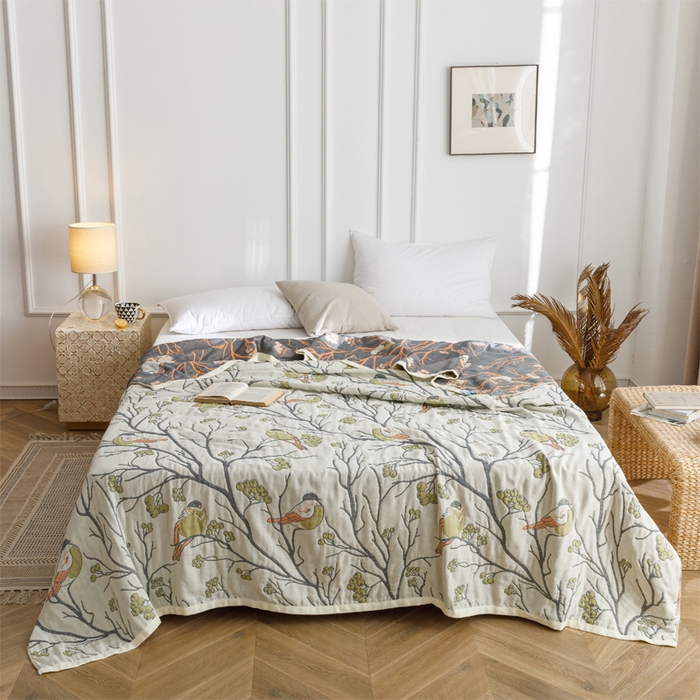 91家纺网 家纺一手货源 找家纺 朴尔家纺-毛巾被 2026春夏新款水洗全棉纯棉四层细纱系列毛巾被下班夏凉被空调被 喜登高枝-绿毛巾被