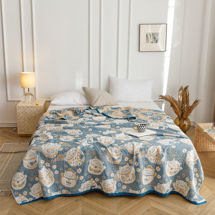 朴尔家纺-毛巾被 2026春夏新款水洗全棉纯棉四层细纱系列毛巾被下班夏凉被空调被 招福瞄-蓝毛巾被