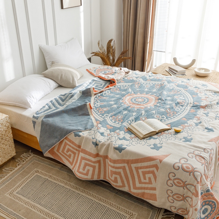 91家纺网 家纺一手货源 找家纺 朴尔家纺-毛巾被 2026春夏新款水洗全棉纯棉四层细纱系列毛巾被下班夏凉被空调被 铃兰香-橘毛巾被