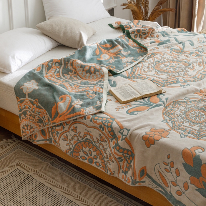 91家纺网 家纺一手货源 找家纺 朴尔家纺-毛巾被 2026春夏新款水洗全棉纯棉四层细纱系列毛巾被下班夏凉被空调被 恋恋花枝-绿毛巾被