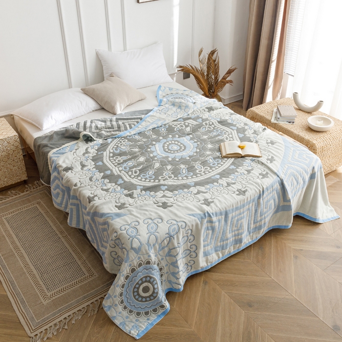 91家纺网 家纺一手货源 找家纺 朴尔家纺-毛巾被 2026春夏新款水洗全棉纯棉四层细纱系列毛巾被下班夏凉被空调被 铃兰香-蓝毛巾被