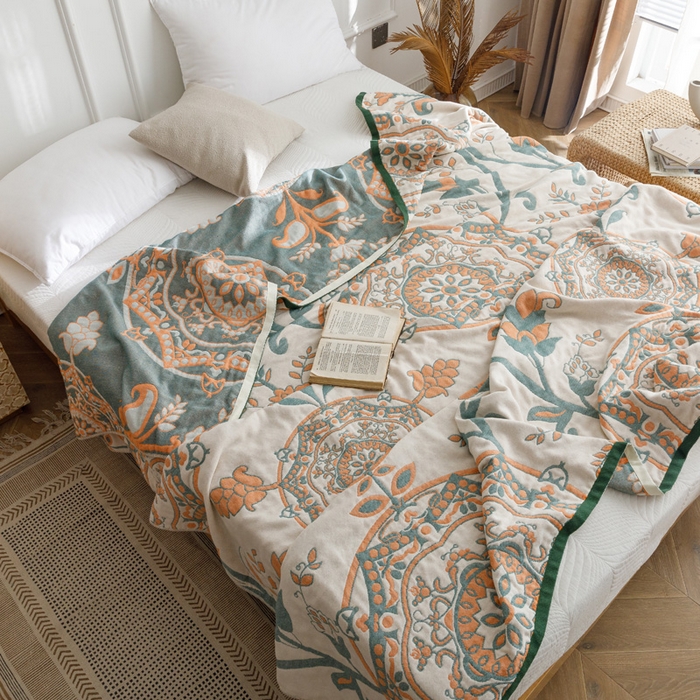 91家纺网 家纺一手货源 找家纺 朴尔家纺-毛巾被 2026春夏新款水洗全棉纯棉四层细纱系列毛巾被下班夏凉被空调被 恋恋花枝-绿毛巾被