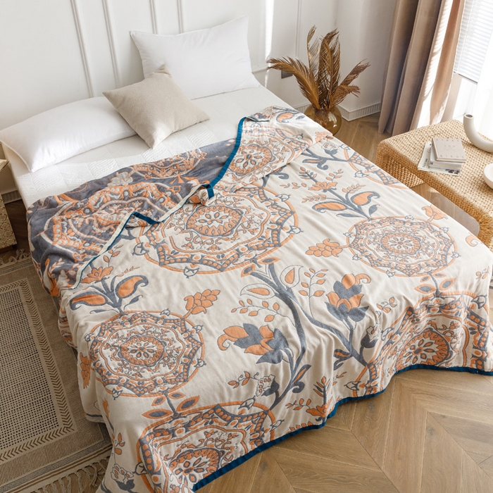 91家纺网 家纺一手货源 找家纺 朴尔家纺-毛巾被 2026春夏新款水洗全棉纯棉四层细纱系列毛巾被下班夏凉被空调被 恋恋花枝-驼毛巾被