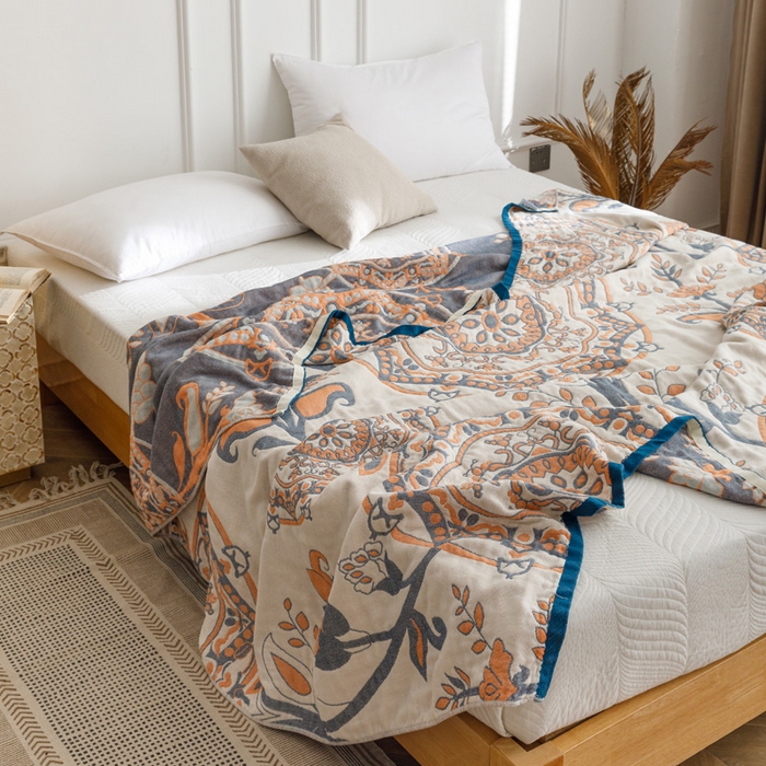 91家纺网 家纺一手货源 找家纺 朴尔家纺-毛巾被 2026春夏新款水洗全棉纯棉四层细纱系列毛巾被下班夏凉被空调被 恋恋花枝-驼毛巾被