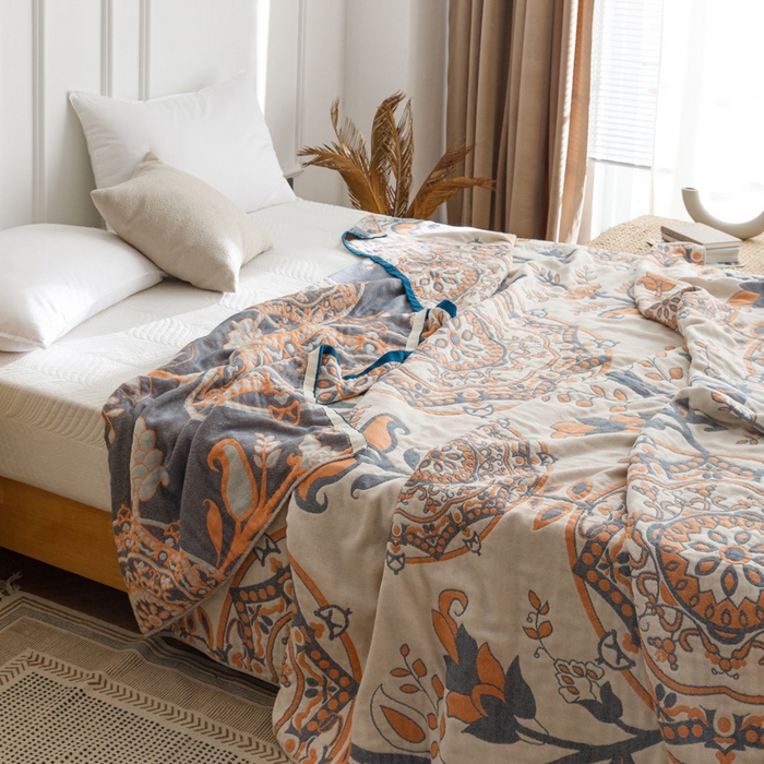 91家纺网 家纺一手货源 找家纺 朴尔家纺-毛巾被 2026春夏新款水洗全棉纯棉四层细纱系列毛巾被下班夏凉被空调被 恋恋花枝-驼毛巾被