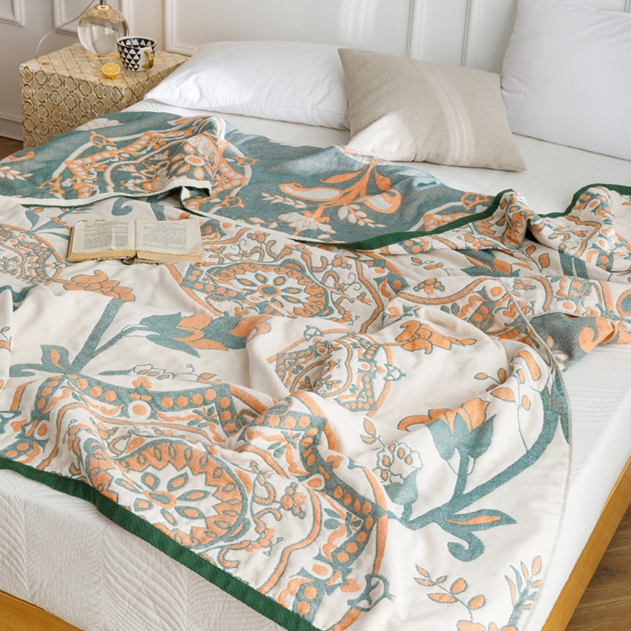 91家纺网 家纺一手货源 找家纺 朴尔家纺-毛巾被 2026春夏新款水洗全棉纯棉四层细纱系列毛巾被下班夏凉被空调被 恋恋花枝-绿毛巾被