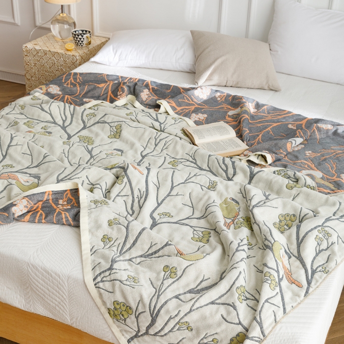 91家纺网 家纺一手货源 找家纺 朴尔家纺-毛巾被 2026春夏新款水洗全棉纯棉四层细纱系列毛巾被下班夏凉被空调被 喜登高枝-绿毛巾被