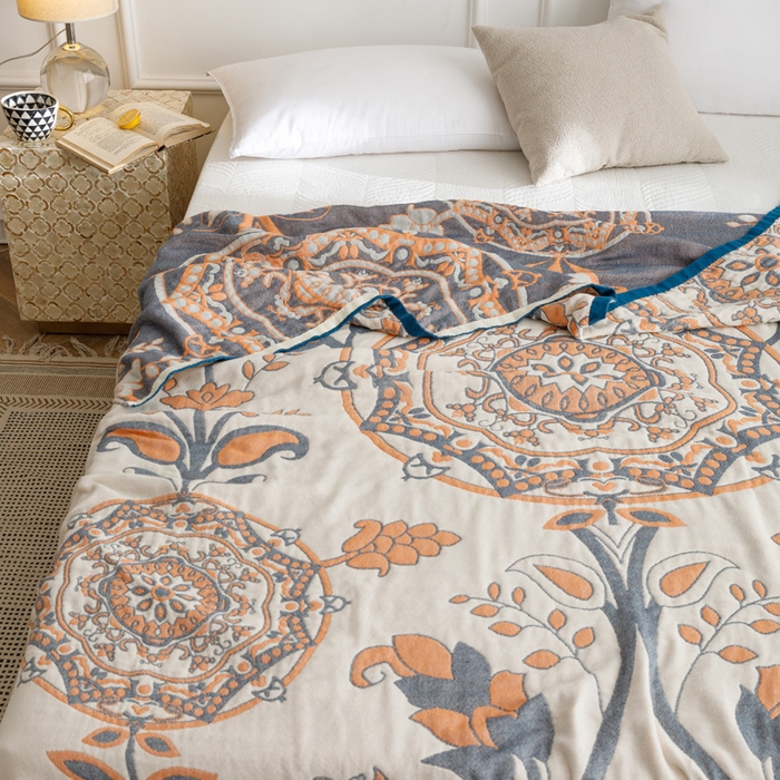 91家纺网 家纺一手货源 找家纺 朴尔家纺-毛巾被 2026春夏新款水洗全棉纯棉四层细纱系列毛巾被下班夏凉被空调被 恋恋花枝-驼毛巾被