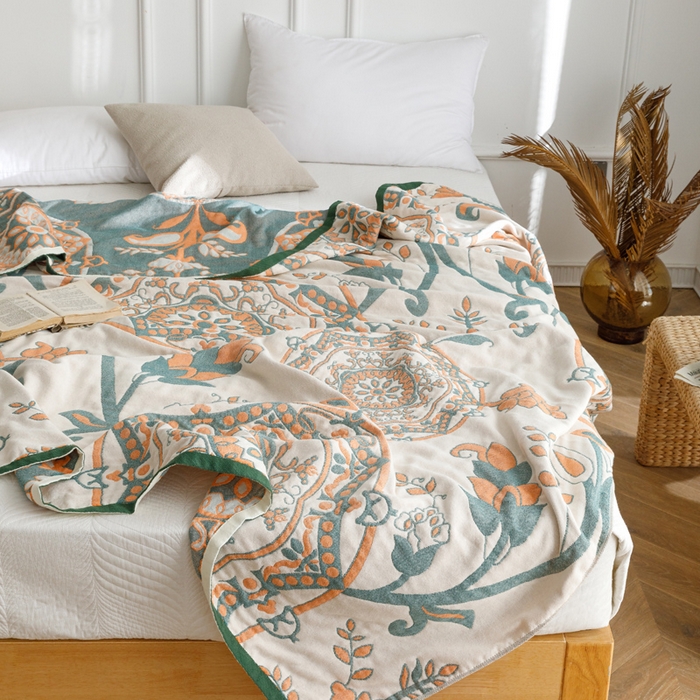 91家纺网 家纺一手货源 找家纺 朴尔家纺-毛巾被 2026春夏新款水洗全棉纯棉四层细纱系列毛巾被下班夏凉被空调被 恋恋花枝-绿毛巾被