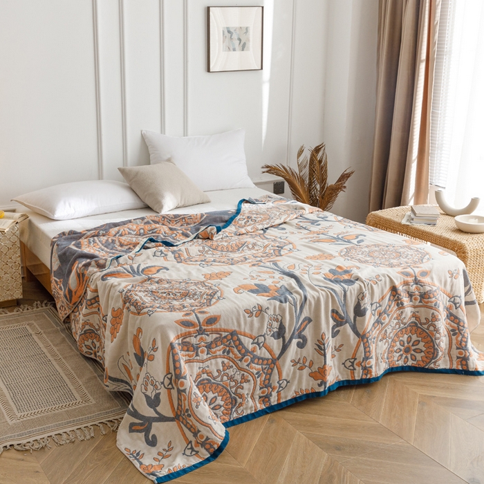 91家纺网 家纺一手货源 找家纺 朴尔家纺-毛巾被 2026春夏新款水洗全棉纯棉四层细纱系列毛巾被下班夏凉被空调被 恋恋花枝-驼毛巾被