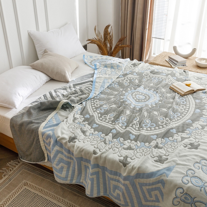 91家纺网 家纺一手货源 找家纺 朴尔家纺-毛巾被 2026春夏新款水洗全棉纯棉四层细纱系列毛巾被下班夏凉被空调被 铃兰香-蓝毛巾被