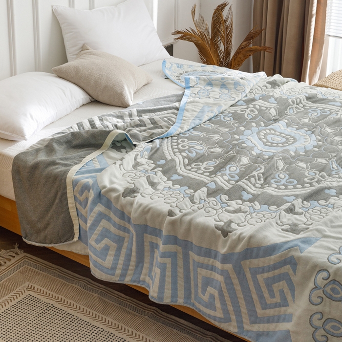 91家纺网 家纺一手货源 找家纺 朴尔家纺-毛巾被 2026春夏新款水洗全棉纯棉四层细纱系列毛巾被下班夏凉被空调被 铃兰香-蓝毛巾被