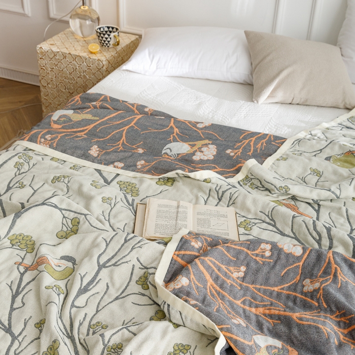 91家纺网 家纺一手货源 找家纺 朴尔家纺-毛巾被 2026春夏新款水洗全棉纯棉四层细纱系列毛巾被下班夏凉被空调被 喜登高枝-绿毛巾被