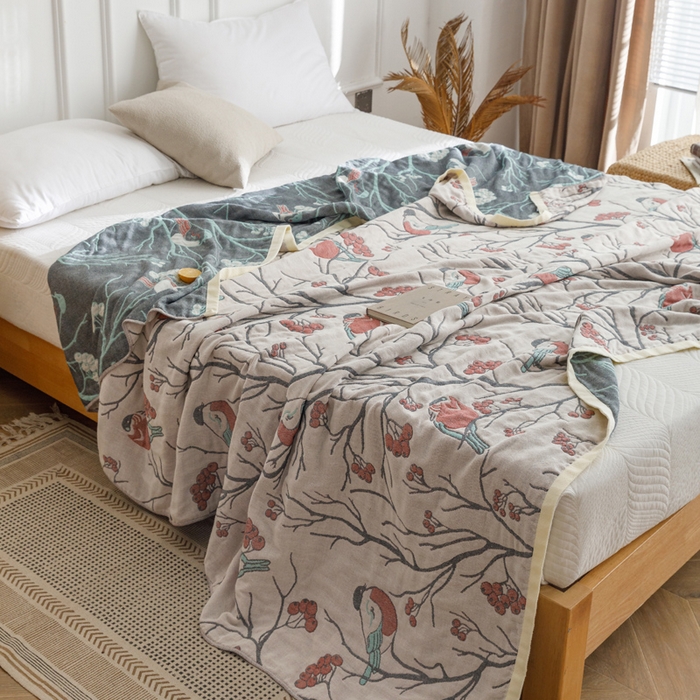 91家纺网 家纺一手货源 找家纺 朴尔家纺-毛巾被 2026春夏新款水洗全棉纯棉四层细纱系列毛巾被下班夏凉被空调被 喜登高枝-红毛巾被