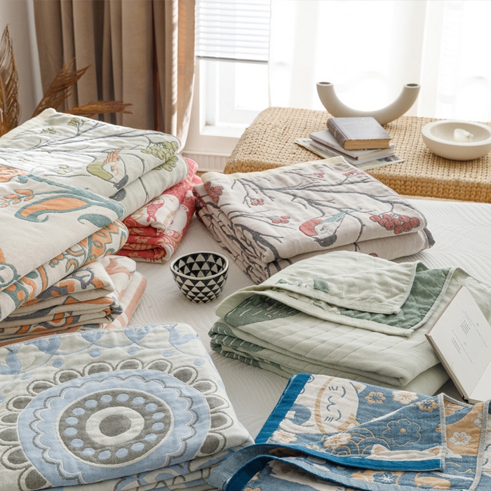 91家纺网 家纺一手货源 找家纺 朴尔家纺-毛巾被 2026春夏新款水洗全棉纯棉四层细纱系列毛巾被下班夏凉被空调被 组合图仅供展示不可下单