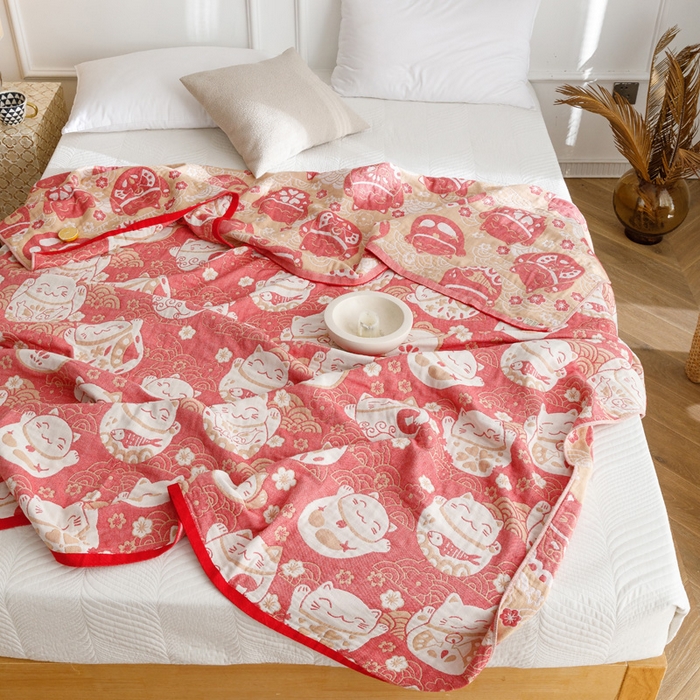 91家纺网 家纺一手货源 找家纺 朴尔家纺-毛巾被 2026春夏新款水洗全棉纯棉四层细纱系列毛巾被下班夏凉被空调被 招福瞄-红毛巾被