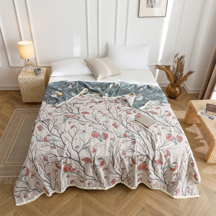 91家纺网 家纺一手货源 找家纺 朴尔家纺-毛巾被 2026春夏新款水洗全棉纯棉四层细纱系列毛巾被下班夏凉被空调被 喜登高枝-红毛巾被